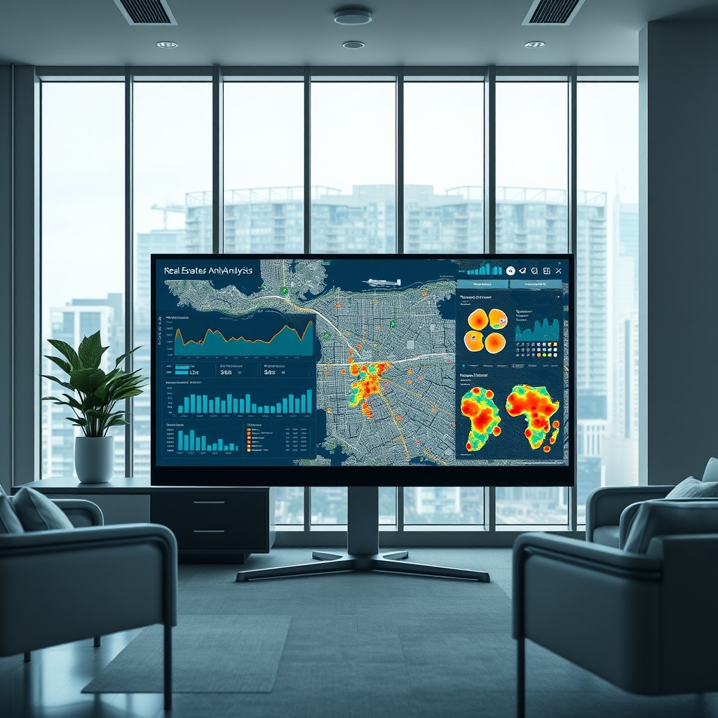 "A contemporary and sleek real estate analytics dashboard showcasing a high-resolution aerial view of a vibrant metropolitan area. The dashboard displays various layers of data including demographic trends, market prices, and graphical heat maps indicating areas of high interest and investment opportunities. Around the screen, you see a stylish office environment with large windows, modern furniture, and minimalist decor, reflecting a high-tech, professional workspace dedicated to real estate analysis. The setting suggests a focus on innovation, precision, and cutting-edge technology in real estate insights."