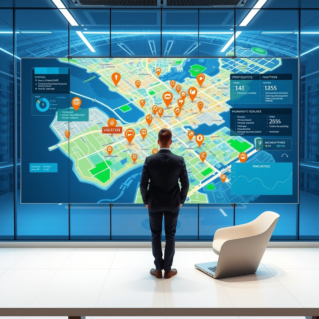 "A sleek, futuristic office environment where a real estate professional is viewing a large, interactive digital map on a transparent screen. The map shows a vibrant 3D layout of a city with dynamic elements such as popping-up property markers, highlighted areas showing schools, bus stops, and train stations with data overlays offering demographic statistics and real estate trends. This scene is depicted with a sharp, clean design reflecting high-end technology and data-driven decision making in the field of real estate."