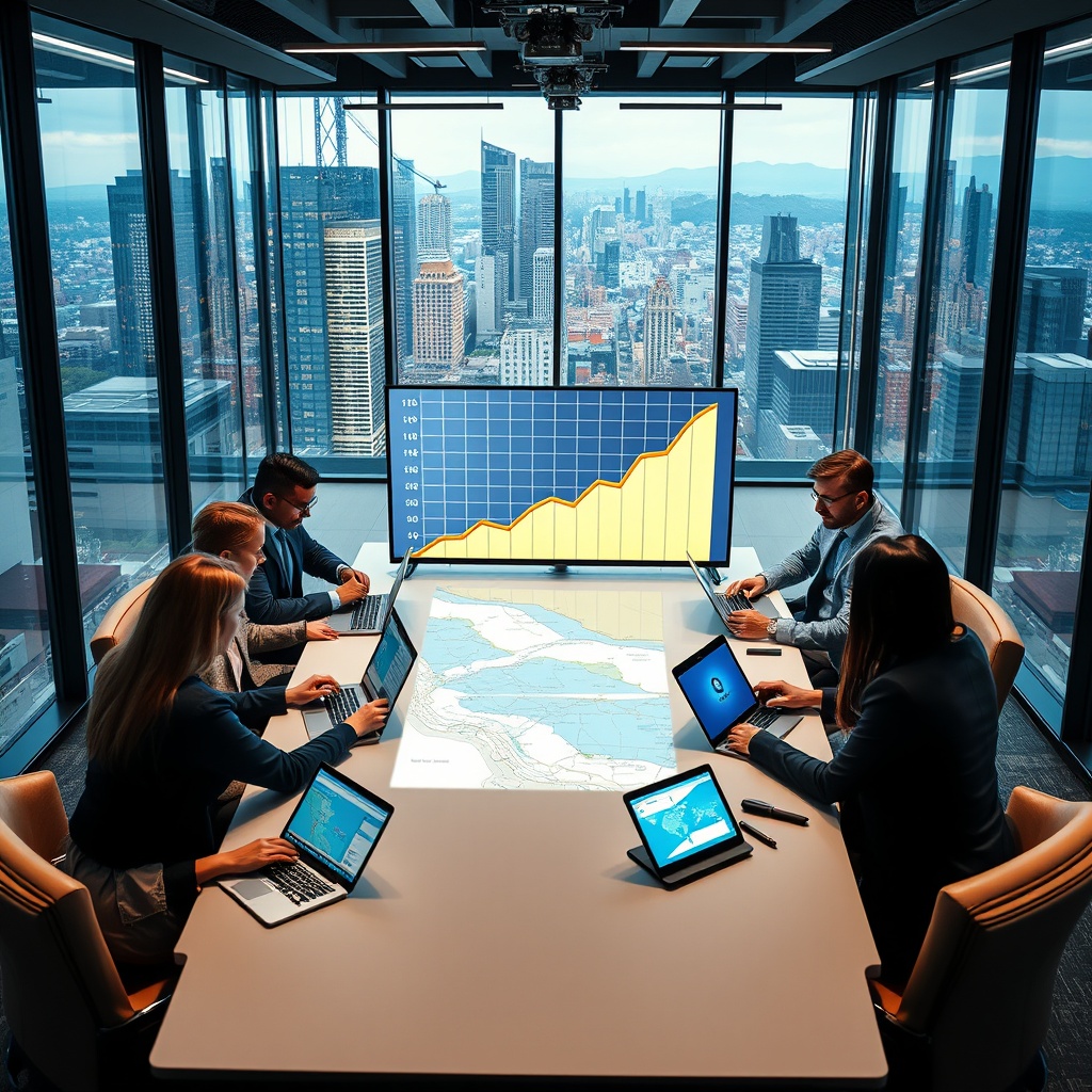 "A dynamic, high-tech office environment showcasing a group of real estate professionals engaged in a strategic meeting. The central focus is on a large digital display showing a graph of upward trending real estate growth curves, indicating successful acquisitions. Around the table, diverse team members are using laptops and digital tablets, viewing interactive maps and virtual property tours. The office has glass walls, modern furniture, and views of a bustling city skyline, reflecting a blend of technology and urban real estate development."