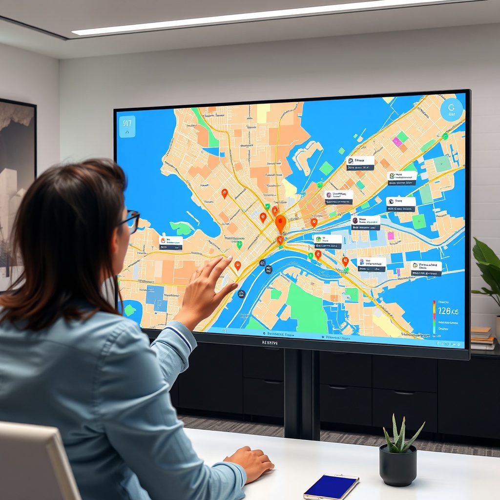 "A vibrant and dynamic workspace showing a real estate agent using a large, high-resolution display monitor featuring an advanced real estate platform. The screen vividly displays a colorful and interactive map that is enhanced with layers of enriched data such as demographics, local schools, transit options, and real-time property listings. Each listing on the map is marked with distinct, visually appealing icons. The background of the workspace is sleek and modern, with minimalist decor, aimed at highlighting the focus on technology and innovation in the real estate sector. The scene conveys a sense of professionalism and cutting-edge technology, tailored to appeal to forward-thinking real estate professionals."