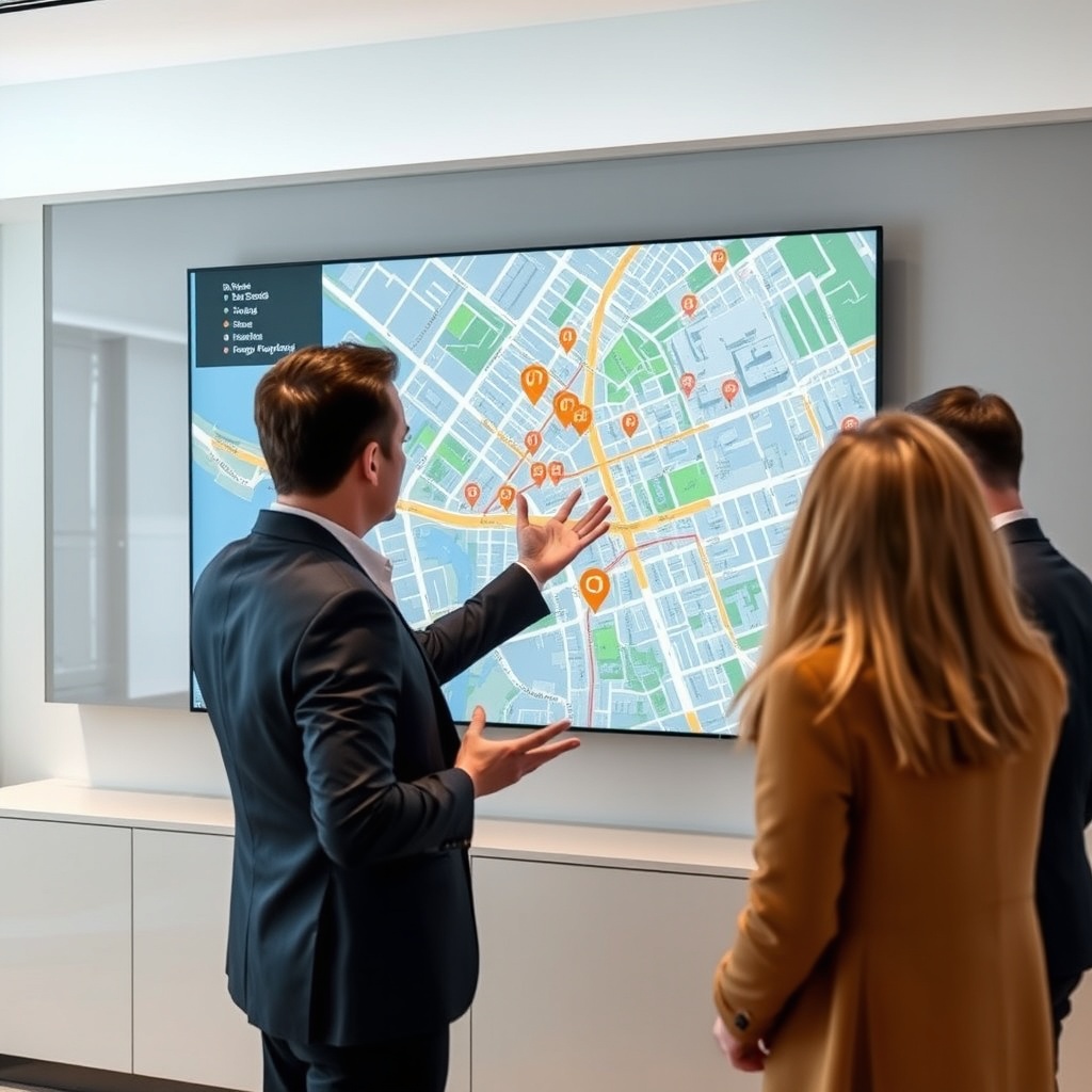 "A sleek, contemporary real estate office environment featuring a large, clear display mounted on the wall, showing an interactive map of a vibrant urban area. The map is rich in details such as highlighted properties, with icons indicating nearby facilities like schools, bus stops, and parks. In the foreground, a professional real estate agent gestures toward the display while discussing with potential clients, suggesting a dynamic and informed property buying process."