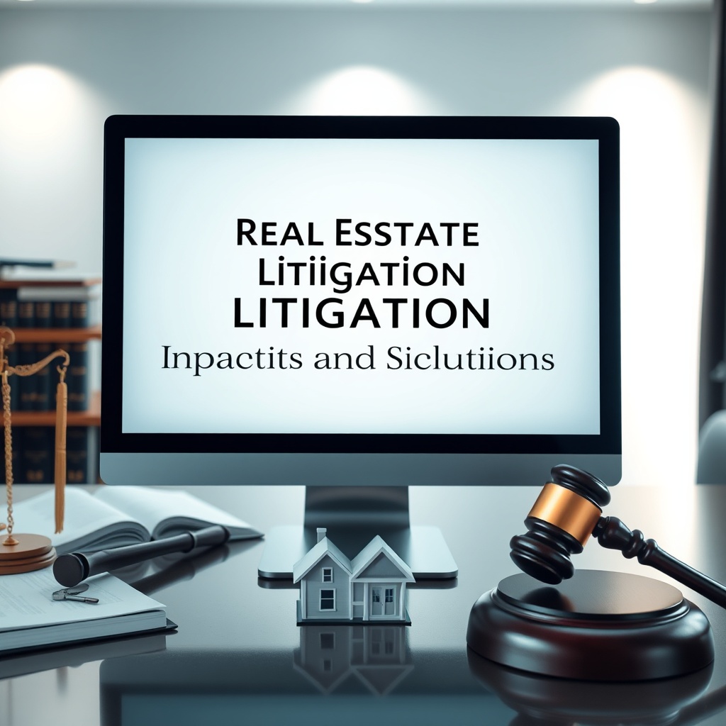 "An elegant, modern legal office setup showcasing a sleek, high-definition computer screen displaying a digital document titled 'Real Estate Litigation Impacts and Solutions.' The background features legal books, a gavel, and a model home structure on a desk, symbolizing the intersection of law and real estate. The scene is bathed in soft, ambient lighting to convey a tone of seriousness and professionalism, appealing to legal experts and real estate professionals."