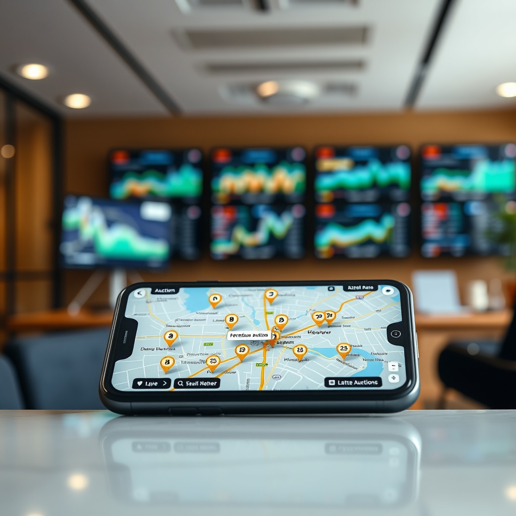 "An analytical view focusing on a smartphone screen displaying a dynamic real estate auction app. The app shows a detailed map pinpointed with various properties marked as 'foreclosure auctions' surrounded by enriched location data like demographics, crime rates, and public transport links. In the background, a professional yet inviting real estate office setting with visible digital screens showing market trends and statistics, conveying a sense of strategic investment. The scene reflects a sophisticated, high-tech ambience appealing to savvy real estate investors."