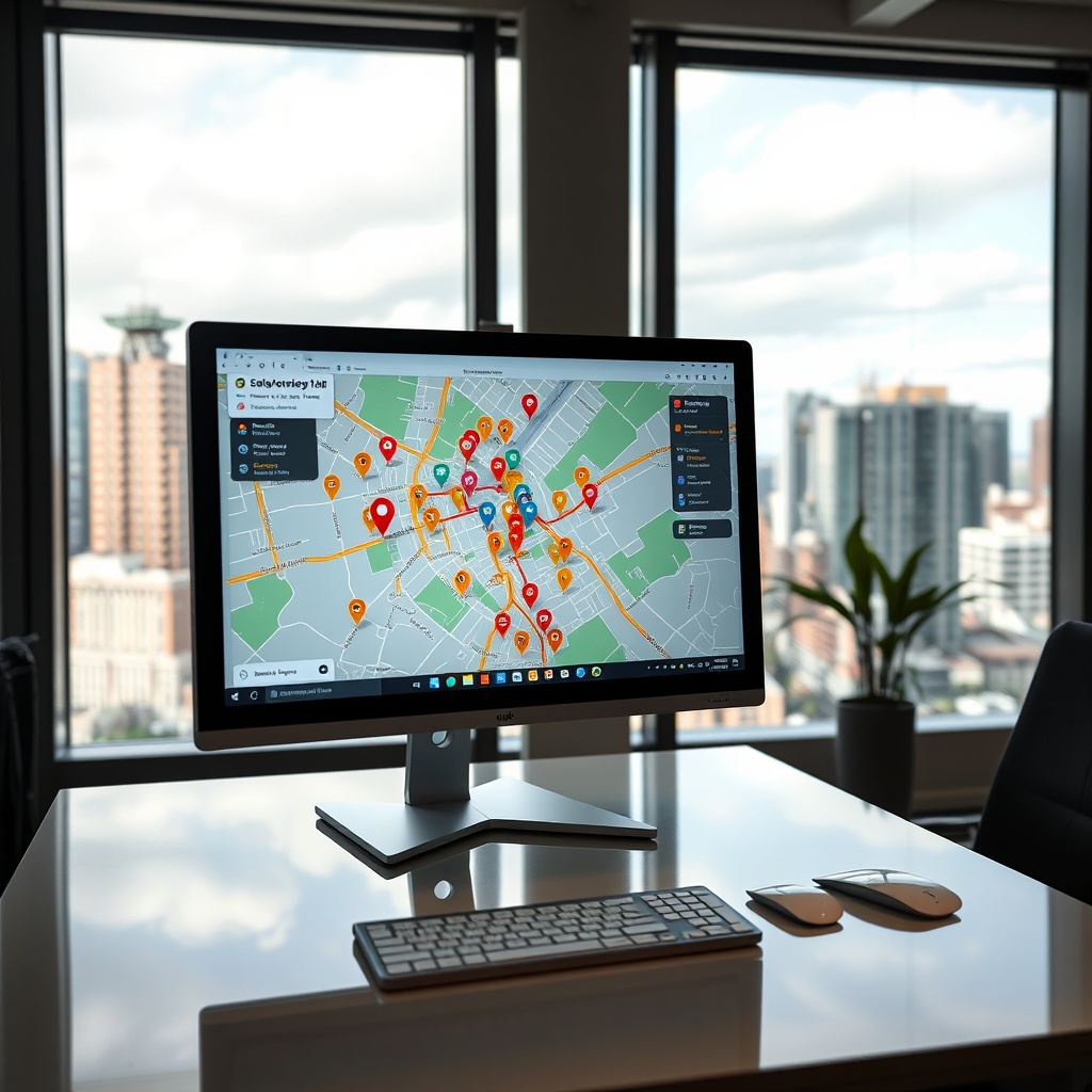 "A dynamic real estate agent's desktop environment featuring a high-resolution screen displaying an interactive map with enriched location data. The map shows vibrant icons representing schools, bus stops, and train stations, and colorful property markers that denote real estate listings. The surroundings include sleek, modern office decor with large windows offering a cityscape view, emphasizing the cutting-edge technology and strategic insights used in today's real estate market. The mood is professional and forward-thinking to attract real estate developers and professionals."