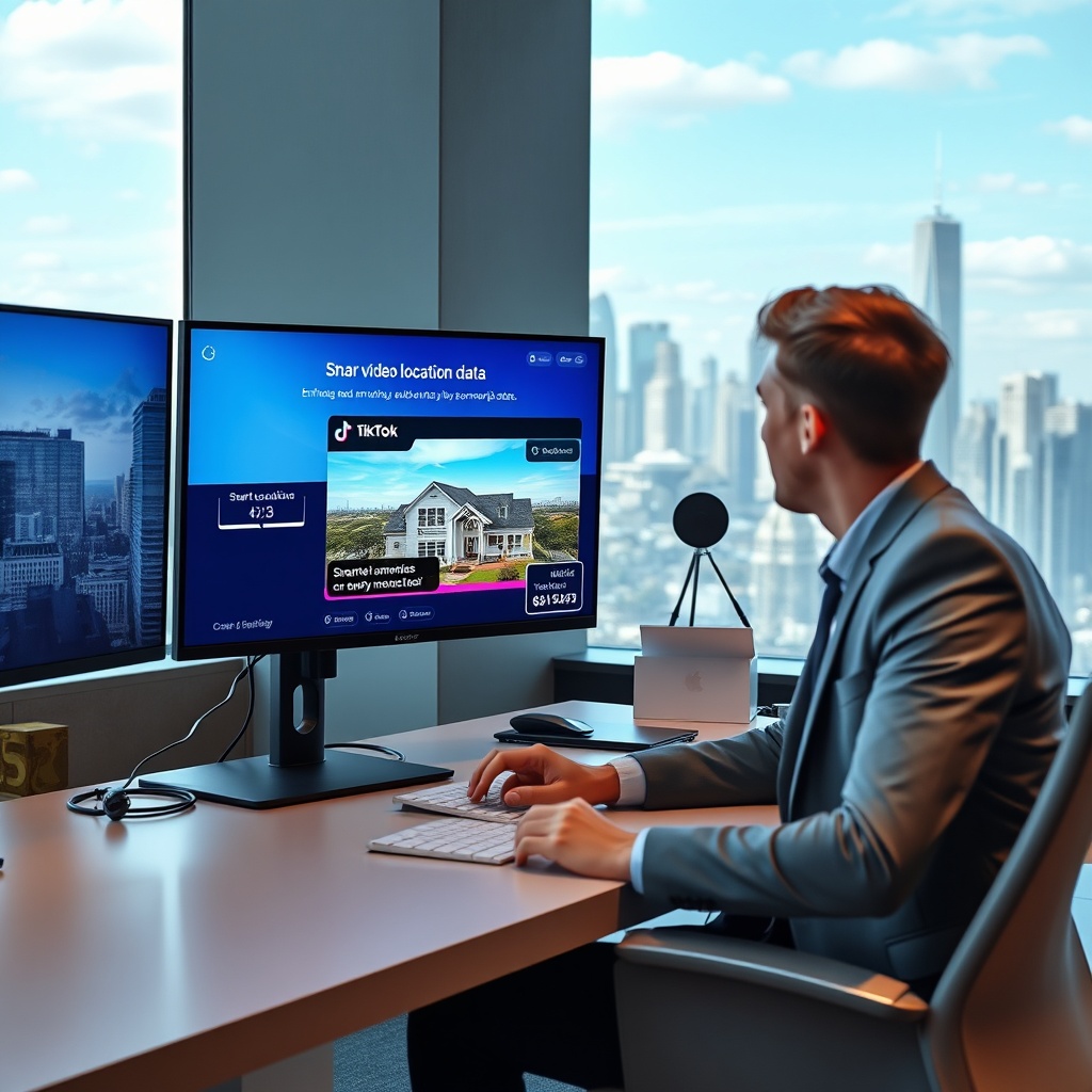 "A dynamic office setting showcasing a young real estate professional engaging with an array of digital screens. One prominent screen displays a vibrant TikTok interface where a property video is playing, featuring smart pop-ups of enriched location data like nearby amenities and demographic stats. The background shows a futuristic cityscape view through a large window, symbolizing the bustling real estate market of 2025. The scene conveys a blend of youthful energy and cutting-edge technology in a sleek, professional environment."