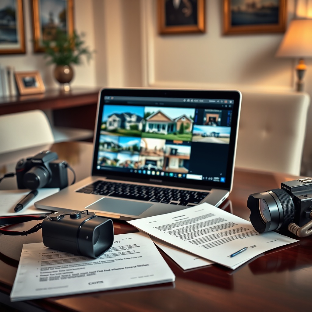 "An elegant and meticulously organized real estate agent's desk, featuring a large, open laptop displaying a selection of property photos. Around the laptop, carefully arranged are a camera, a notebook with copyright advice bullet points visible, and legal documents with visible but blurred seals and stamps. The background subtly showcases a calm, professional office environment with tasteful decor and soft lighting to emphasize a setting of diligence and ethical business practices, creating an air of trustworthiness and professionalism."