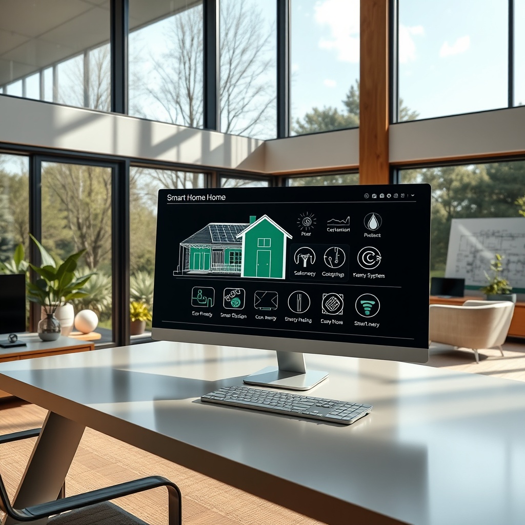"A stylish, contemporary home office illustrating the concept of future-proof home designs. The room features large, energy-efficient windows with a smart home interface visible on a sleek, modern desk. The interface shows icons for eco-friendly features like solar energy and smart heating systems. In the background, there are architectural blueprints and modern furniture that emphasize sustainable and adaptive living spaces. The scene conveys a blend of luxury, sustainability, and technological innovation, appealing to forward-thinking homeowners and real estate developers."