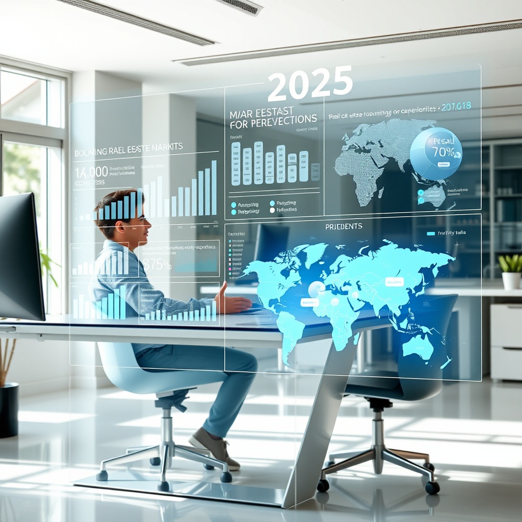 "A dynamic workspace setting showing a young professional sitting at a sleek, modern desk. They are interacting with a large, transparent holographic display that projects advanced analytics about real estate trends and market predictions for 2025. The display features interactive 3D charts, real-time data streams, and a digital global map pinpointing booming real estate markets. The office is spacious and well-lit by natural light, embodying a futuristic and innovative vibe."