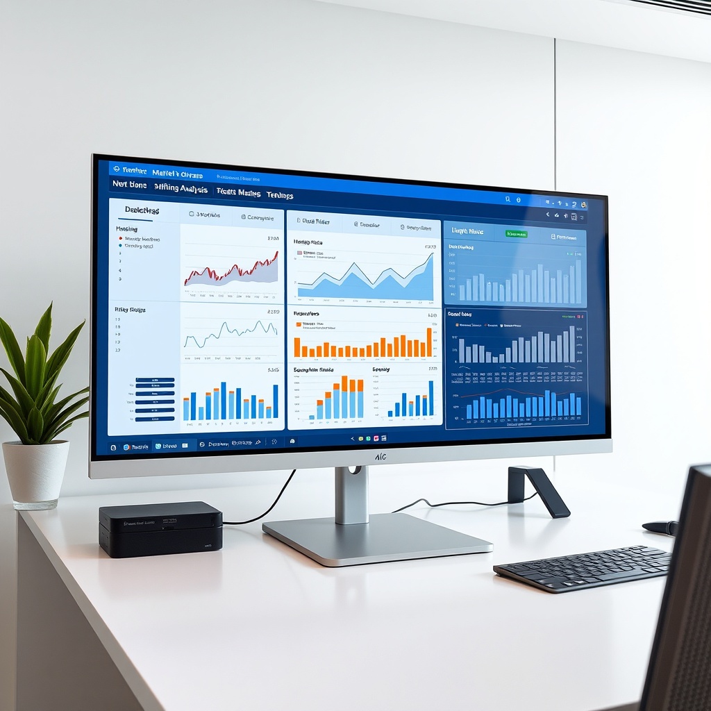 "A sleek, modern workspace featuring a large, high-resolution monitor displaying a dynamic real estate market analysis software. The screen shows interactive graphs and shifting market trends, including housing prices and demographic changes. The clean, tech-oriented environment reflects a strong sense of innovation and data-driven decision making, appealing to forward-thinking real estate professionals."