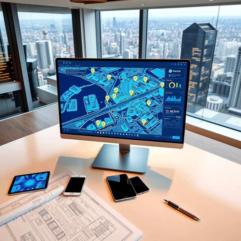 "A sleek, modern workspace featuring a large, high-resolution desktop monitor displaying an interactive real estate application. The screen shows a vibrant, detailed city map that includes dynamic overlays of property analytics, pinpointing various real estate opportunities through colorful markers. Around the screen, subtle glimpses of sophisticated tech gadgets like tablets and smartphones suggest a high-tech environment. The foreground displays a stylish desk with architectural blueprints and a digital pen, pointing to a blend of traditional and advanced technological approaches in real estate. The backdrop is an elegantly minimalistic office with panoramic views of a bustling city, reflecting the fusion of real estate and cutting-edge technology."