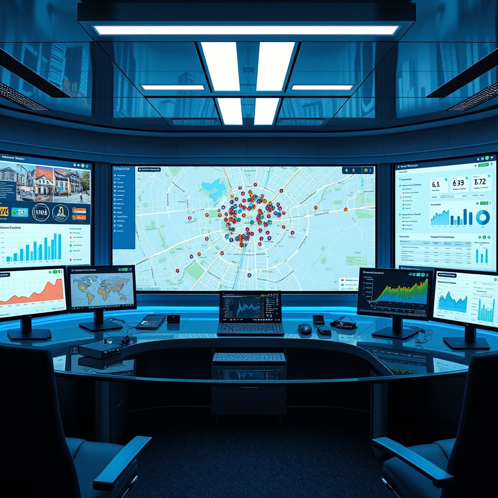 "A sleek, high-tech command center with multiple screens displaying advanced real estate analytics tools. One large central screen shows a dynamic, interactive city map dotted with colorful data points for residential and commercial properties, emphasizing schools, transportation options, and local amenities. Secondary screens display graphs and data visualizations concerning market trends and demographics. The environment is futuristic with glass surfaces and ambient blue lighting, symbolizing cutting-edge technology and data-driven decision-making in the real estate sector targeting professionals looking to leverage technology for strategic insights."