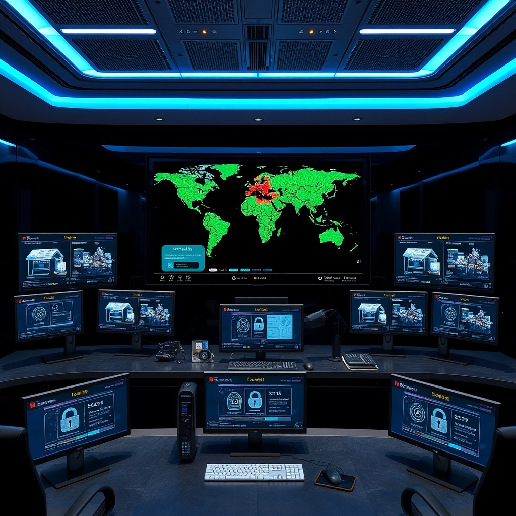 "A cutting-edge security command center within a sleek, modern real estate office, featuring multiple high-resolution monitors displaying advanced Multi-Factor Authentication (MFA) systems and real-time location tracking technology. The central screen focuses on a dynamic map that pinpoints properties using geofencing and shows security status updates. Surrounding this main display are smaller screens that illustrate step-by-step MFA procedures and data encryption processes. The room is well-lit, emphasizing clarity and high-tech efficiency, with a backdrop of dark, polished surfaces and ambient blue lighting to enhance the theme of cybersecurity."