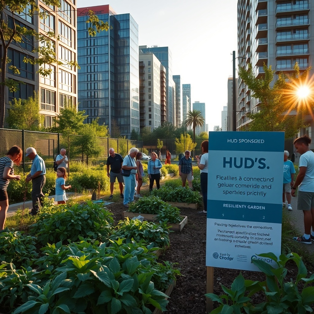 "A tranquil urban community garden under the afternoon light, with a diverse group of people, including seniors and children, actively participating in planting and maintenance. The setting features a HUD-sponsored signboard that highlights the community's commitment to resilience and sustainability, surrounded by lush greenery and modern eco-friendly buildings in the background. This scene encapsulates a sense of community, forward-thinking urban development, and environmental stewardship."