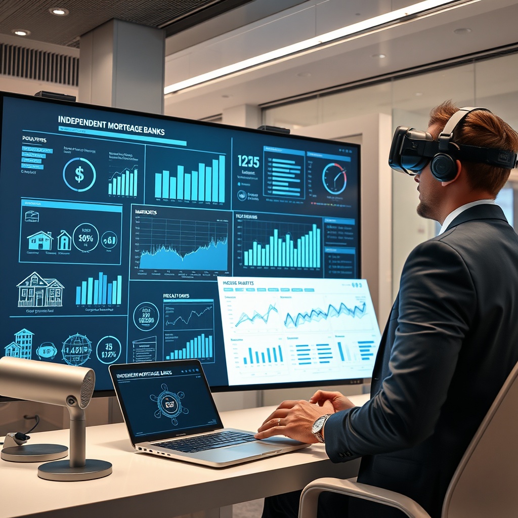 "A futuristic real estate office, with a tech-savvy agent analyzing data on a large interactive screen showing graphs and trends of Independent Mortgage Banks (IMBs). The office is sleek and modern with high-tech gadgets and digital interfaces around. The screen prominently features advanced software tools used for market analysis in 2025, surrounded by virtual reality headsets and holographic displays of housing markets and financial stats. The setting combines elegance and cutting-edge technology, appealing to professionals looking for insights into IMBs and real estate technology advancements."