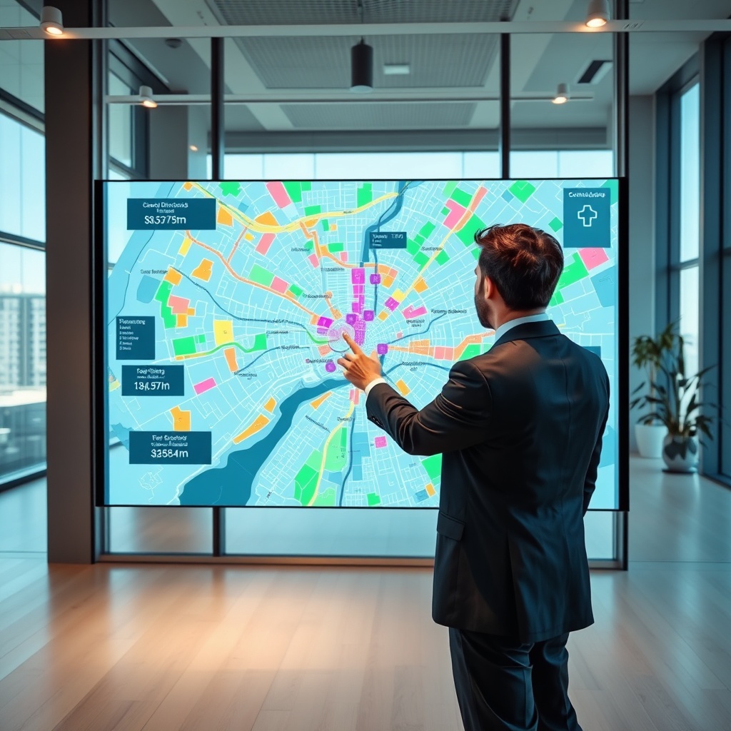 "Visualize a sleek, high-tech real estate office environment with a large, transparent interactive display showcasing a dynamic city map. The map is augmented with vibrant colored layers indicating various location-based insights such as demographic trends, property values, and public transport links. In the foreground, a real estate professional in smart-casual attire interacts with the map via touchscreen gestures, pinpointing neighborhoods and adjusting filters related to school districts and traffic patterns. The office setting radiates a modern, yet welcoming atmosphere with minimalist decor and ample natural light streaming through large windows, emphasizing a forward-thinking approach to real estate."