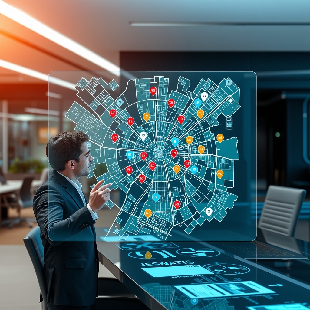 "A sleek and modern office environment featuring a young professional studying a transparent, futuristic display of a city map that dynamically highlights various types of real estate locations. The map shows clear icons distinguishing residential areas, commercial properties, schools, bus stops, and metro stations in vibrant colors. The surrounding scene has a high-tech vibe, complete with digital gadgets and interactive surfaces, reflecting a high level of sophistication and cutting-edge technology in real estate analytics. The overall ambiance is clean, professional, and geared towards conveying a sense of innovation and strategic clarity."