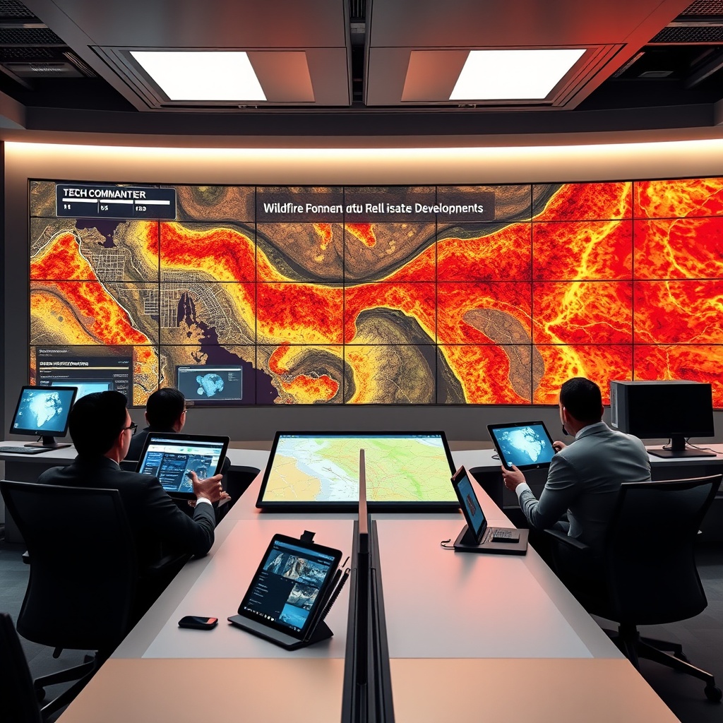 "A sleek, high-tech command center showcasing a large interactive display with advanced mapping software that highlights wildfire-prone areas integrated with real estate developments. The scene is set in a modern, well-lit office environment populated by professionals using tablets and computers, analyzing data and strategizing building solutions for increased resilience against wildfires. The imagery should convey a sense of urgency and innovation, emphasizing the integration of technology and real estate planning."