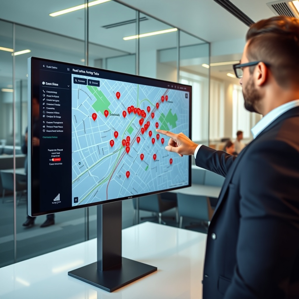 "A sleek, modern workspace featuring a large digital screen showcasing an advanced real estate analytics platform. The screen displays an interactive city map enriched with location data such as schools, bus stops, and residential areas marked with vibrant icons. In the foreground, a professional real estate agent studies the screen, pointing at a highlighted area that suggests a prime investment spot. The backdrop is a stylish office environment with glass walls and minimalistic furniture, reflecting a highly technological and sophisticated real estate business atmosphere."