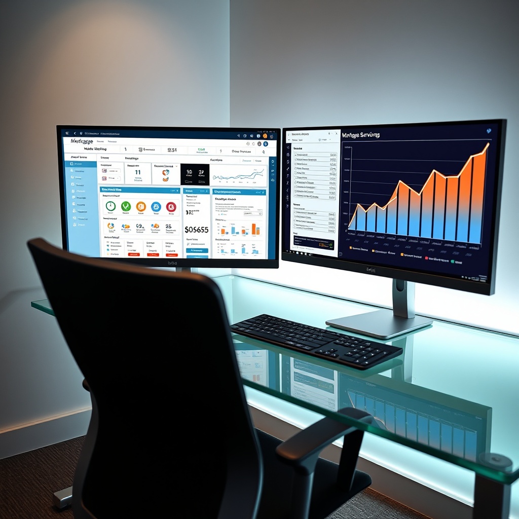 "A sleek and modern workspace featuring a high-tech computer setup with dual screens. One screen displays a sophisticated mortgage servicing software interface, showcasing real-time analytics and compliance checklists. The other screen shows a graph highlighting growth trends in the mortgage industry. The surroundings are professional and contemporary, with a clear glass desk, a minimalist black ergonomic chair, and soft ambient lighting to emphasize a focus on technology and efficiency in the mortgage servicing sector."