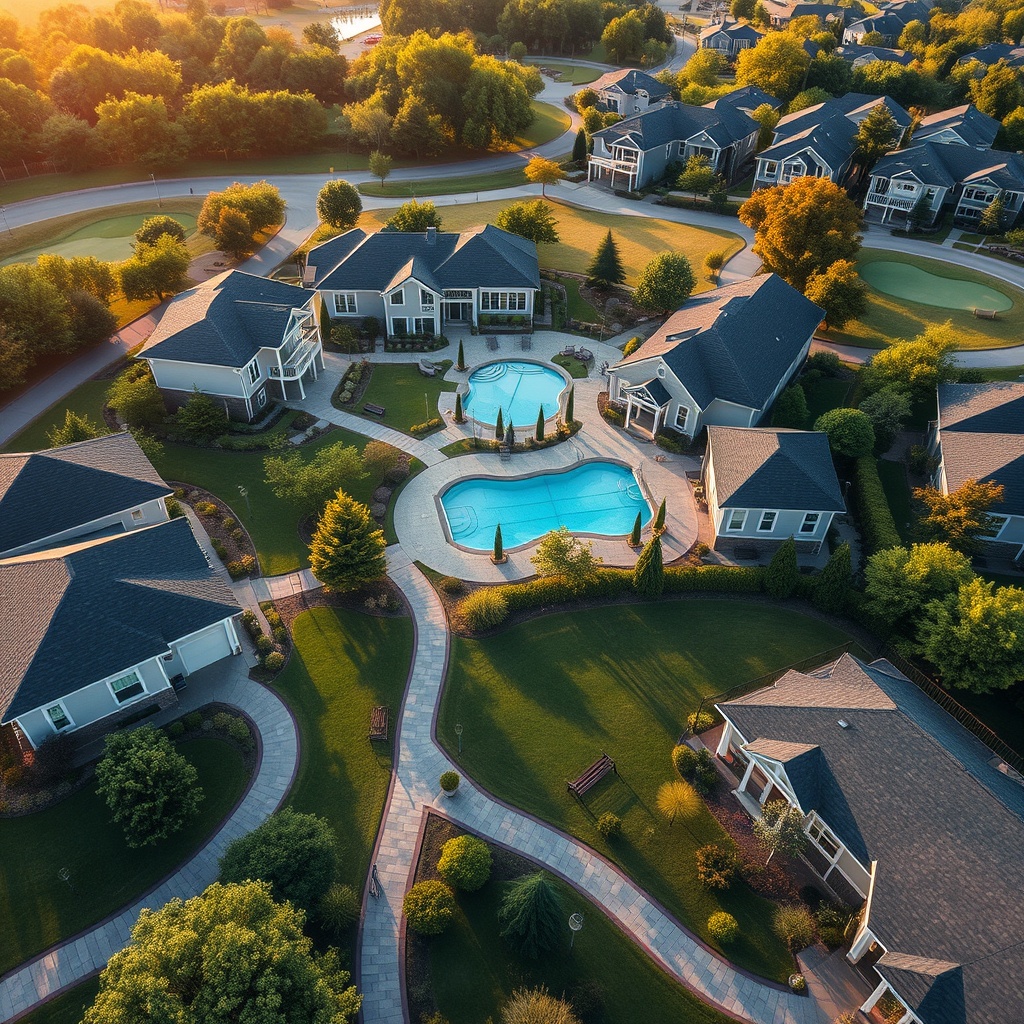 "An elegant and serene retirement community displayed from an aerial viewpoint, showcasing modern, well-spaced houses amidst lush green gardens. The scene includes a sparkling community pool, walking trails dotted with benches, and a small golf course. The setting is bathed in the warm glow of a sunset, conveying a tranquil and prosperous retirement lifestyle. This visualization encapsulates the concept of premier real estate opportunities in 2025, targeted at retirees seeking comfort and luxury."