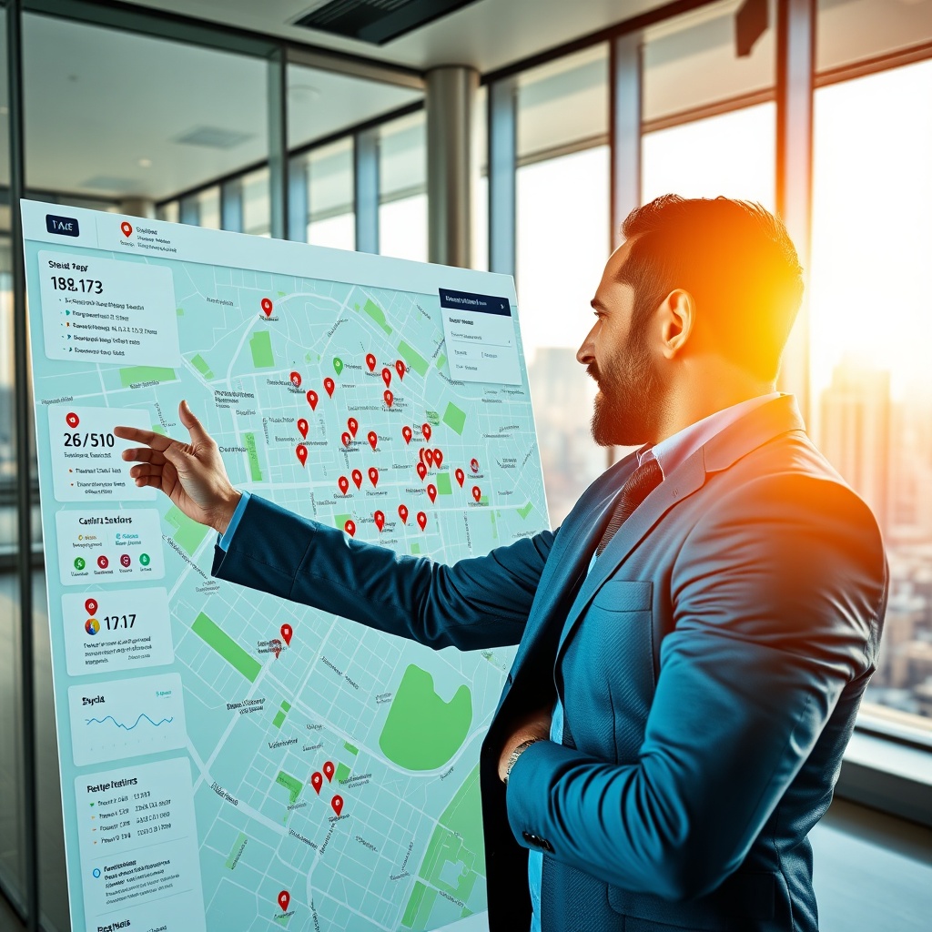 "A dynamic image showcasing a vibrant real estate agent analyzing a large interactive display of a city map, enriched with colorful, detailed icons for property locations, schools, bus stops, and train stations. The map displays real-time data and various analytics. The background features an upscale, brightly-lit modern office environment with large windows showing a bustling cityscape, conveying a sense of innovation and growth in real estate."