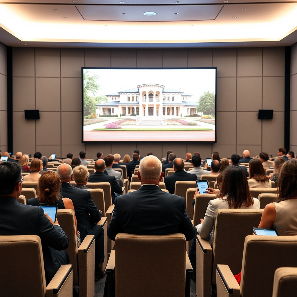 "A sleek, modern auction room filled with rows of plush seating, facing a large digital screen displaying a high-end property slide. The screen shows a beautiful mansion with advanced features like a smart home system and energy-efficient design. Elegant individuals in business attire, some using tablets or smartphones, are intently watching and participating in the auction. The ambient light is soft yet bright, creating an inviting and sophisticated atmosphere, embodying luxury and high-tech integration."