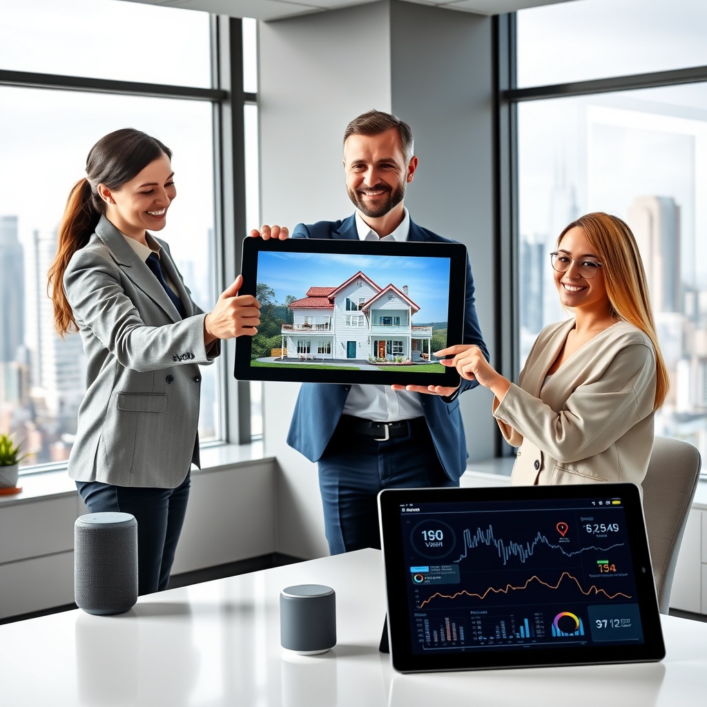 "A sleek, modern office setting where a realtor hands over a digital frame displaying a virtual house tour to smiling homebuyers. The background features a minimalist desk with innovative tech gadgets like a smart speaker and a high-tech tablet showcasing real estate analytics. Large windows reveal a futuristic cityscape, emphasizing a cutting-edge, professional environment."