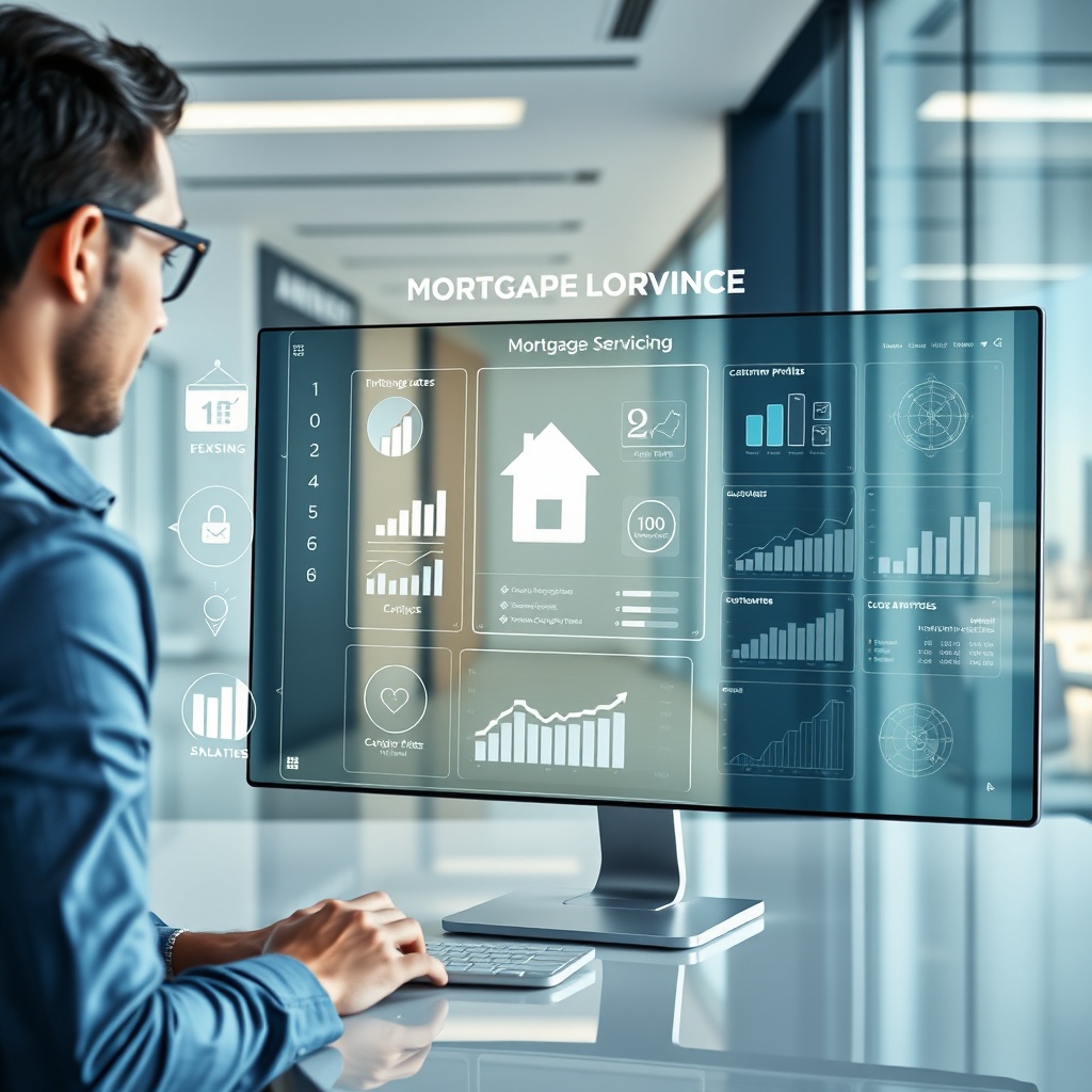 "A sleek, modern office environment featuring a professional working on a high-tech, transparent computer display filled with futuristic icons and graphs related to mortgage servicing. On the display, key features such as a dynamic mortgage rates chart, customer profiles, and a real-time data analytics dashboard are visible. The background shows a clean, minimalist office space with glass walls and a skyline view, symbolizing transparency and forward-thinking in the mortgage industry."