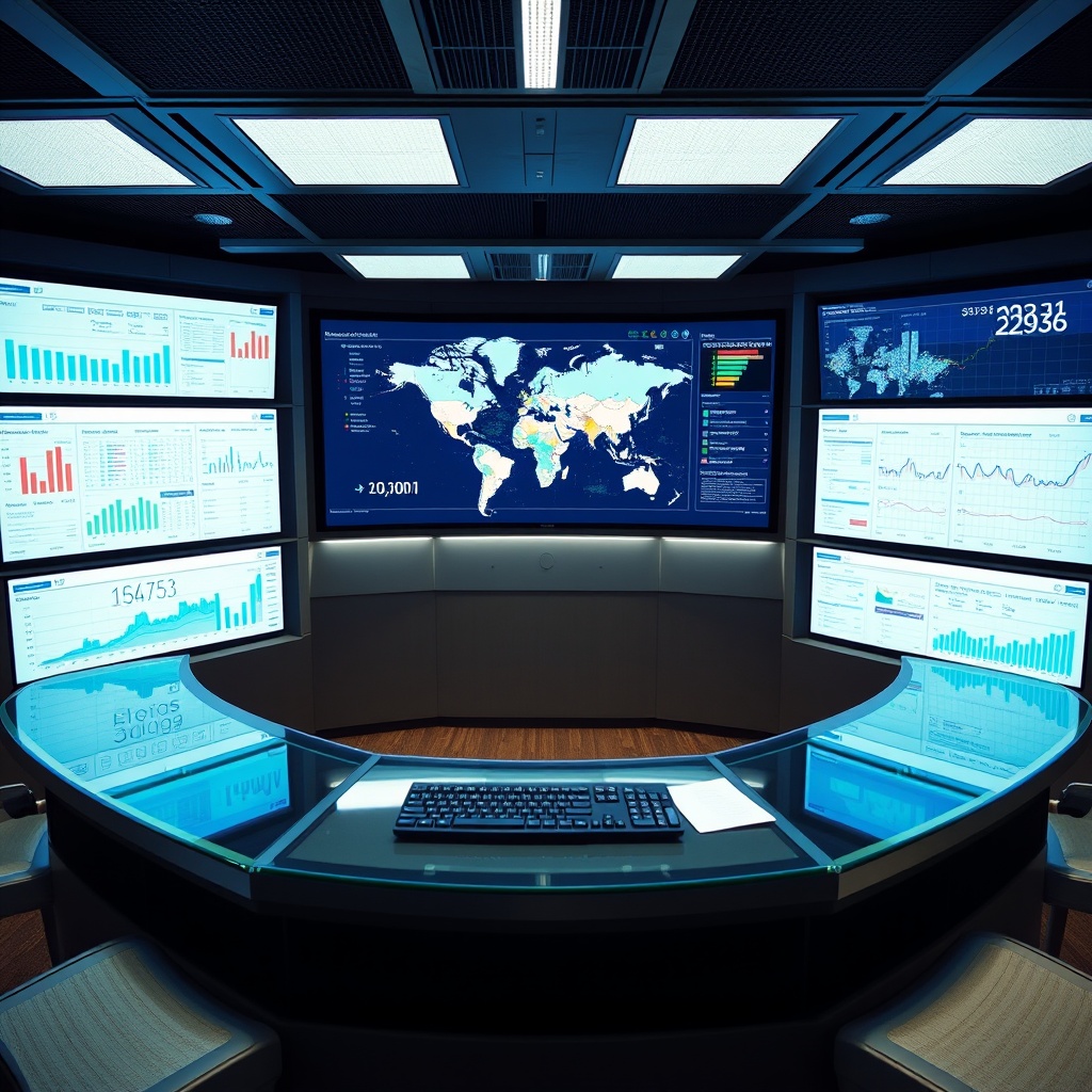"A sleek, high-tech operation center with multiple screens displaying advanced real estate analytics tools. The central focus is a large, curved monitor showing a dynamic, interactive map with various data overlays like demographic trends, real estate values, and economic indicators. The environment is modern and professional, with glass surfaces and ambient blue lighting to convey a cutting-edge, strategic atmosphere suitable for real estate professionals and technologists."