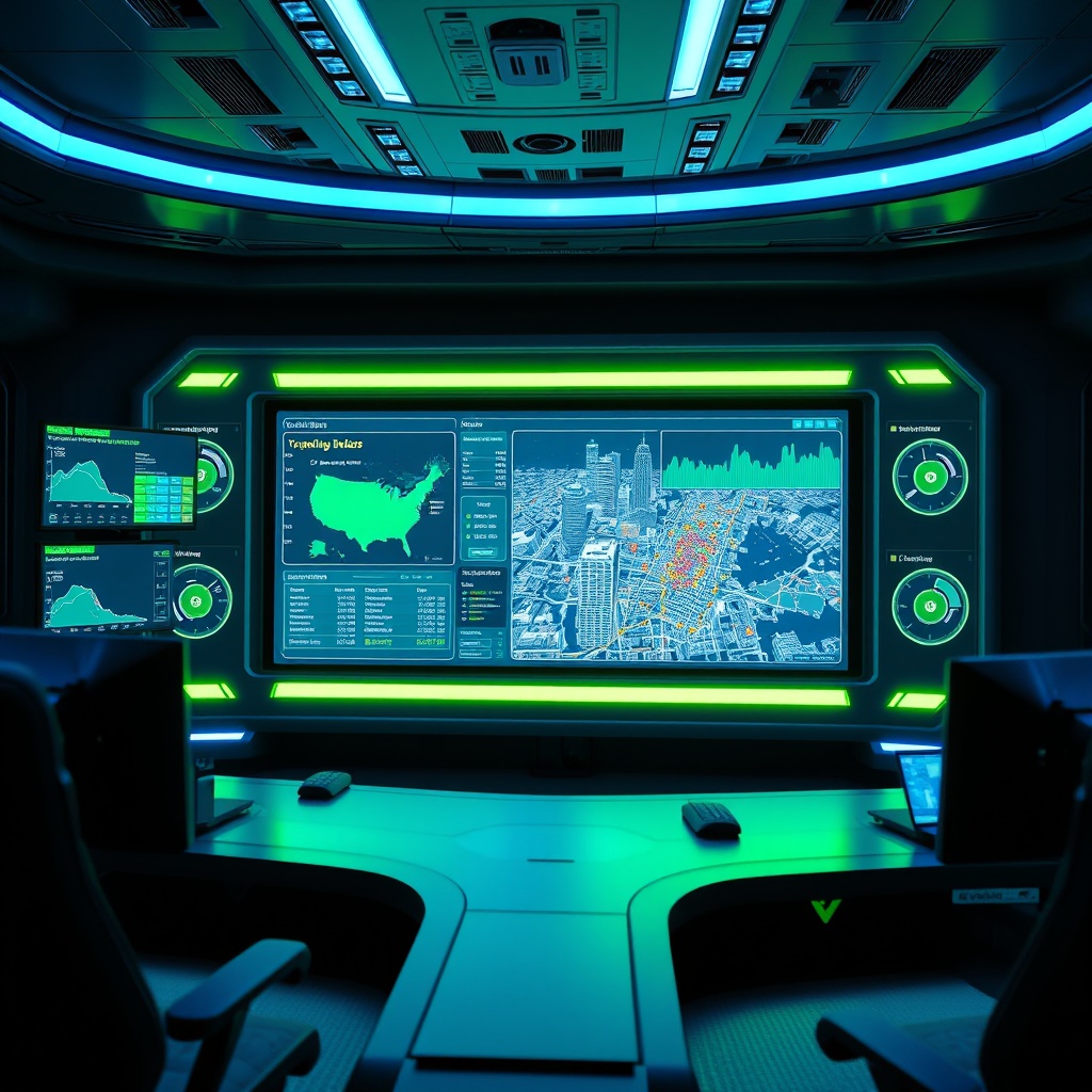 "A high-tech, futuristic command center with multiple glowing screens showing dynamic real-time analytics and geographic data on real estate pricing. The main focal screen prominently displays a sophisticated software interface, pinpointing areas with unusual pricing patterns in an urban landscape. The environment suggests a sleek, ultra-modern office space geared towards tech-savvy professionals, illuminated with blue and green ambient lighting to emphasize innovation and precision."