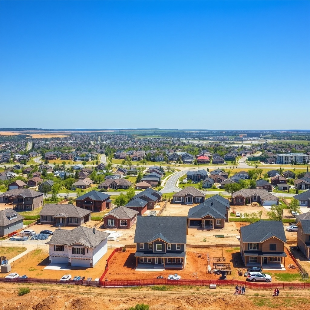 "An energetic landscape showcasing a bustling residential construction site foreground, depicting several homes in various stages of construction under a clear blue sky. The backdrop features a vibrant, growing suburban area, with a blend of completed homes, green parks, and a community center visible in the distance, symbolizing the new-home sales growth. This scene encapsulates both development and community, aiming at real estate professionals looking for emerging opportunities and growth in the sector."