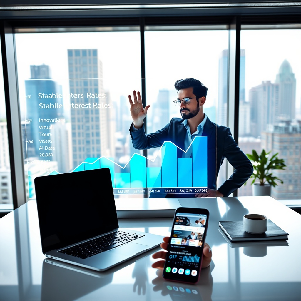 "A cutting-edge, contemporary office space where a young, dynamic real estate professional is interacting with a high-tech, transparent display. The display shows a vibrant, digital graph depicting stable interest rates juxtaposed against innovative real estate technology like virtual tours and AI data analytics. In the foreground, a sleek, minimalistic desk features a modern laptop and a smartphone highlighting a real estate app. The environment is well-lit, reflecting a theme of clarity and future-focused business. The office has large windows showing a bustling cityscape outside, symbolizing growth and opportunity in the real estate market."