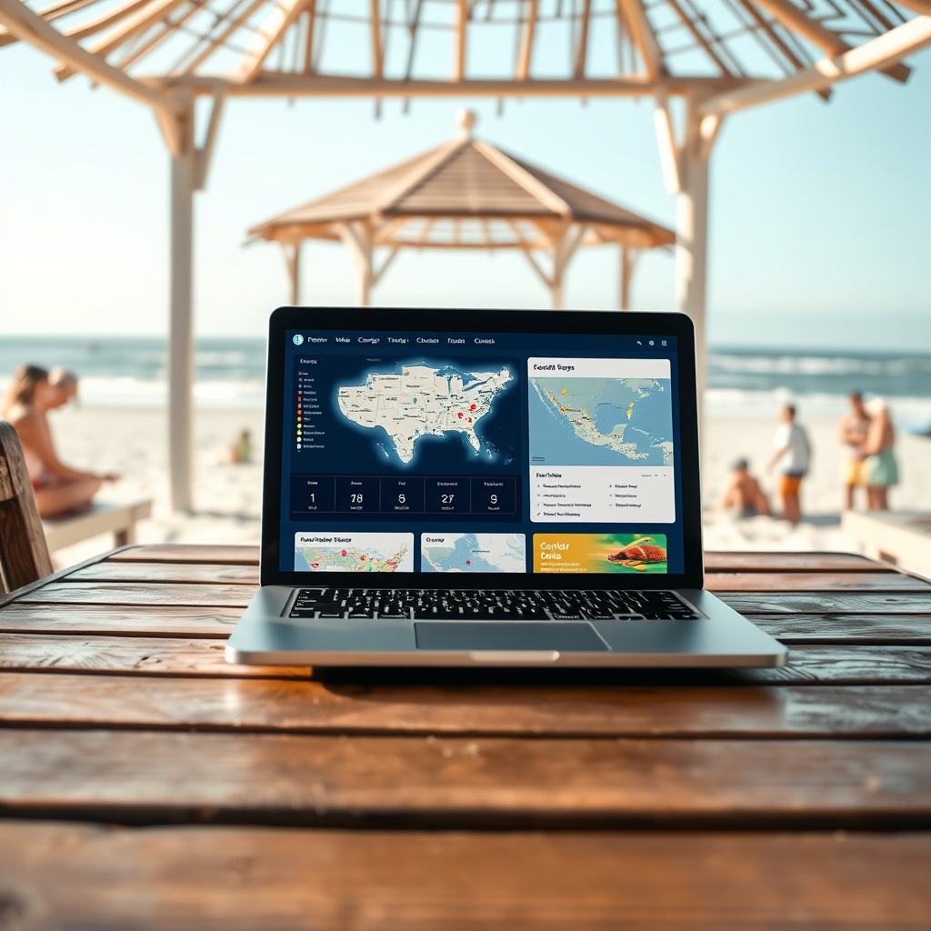"A dynamic coastal scene blending technology and relaxation: an open laptop resting on a wooden table at a breezy beach gazebo, displaying a sophisticated rental platform interface. The screen shows detailed maps of coastal properties integrating real-time data, including weather patterns, tide information, and local attractions like beach bars and seafood restaurants. The background subtly features families enjoying the beach, highlighting the practical use of the platform in finding ideal vacation rentals. The image should radiate a sense of advanced technology paired with the serene atmosphere of a beach setting, encapsulating both leisure and innovation."