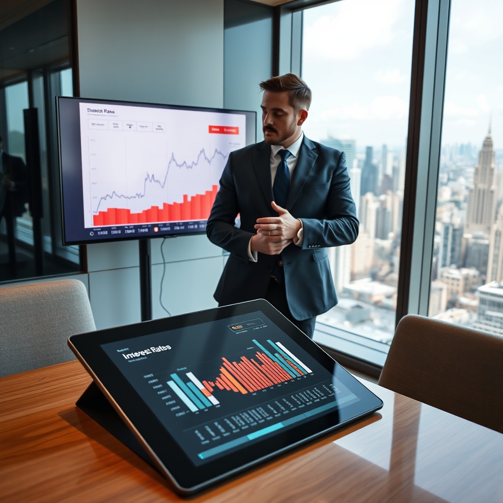 "A sophisticated office environment depicting a real estate professional reviewing a sleek, modern digital screen showing fluctuating market graphs depicting steady interest rates. In the foreground, a stylish forefront tablet displays cutting-edge real estate technology trends and insights. The office setting is clean and professional with panoramic views of a bustling cityscape outside, embodying a sense of success and technological advancement in real estate."