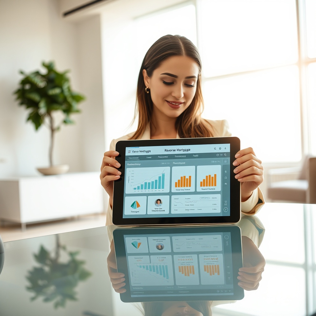 "An elegant and modern office environment featuring a young professional woman confidently reviewing a digital tablet that displays an innovative tech application for reverse mortgages. The application showcases an intuitive interface with graphics representing financial graphs, homeowner demographics, and a streamlined reverse mortgage process. In the foreground, there's a sleek, see-through glass table reflecting the application's interface, subtly emphasizing transparency and trust in financial dealings. The background is a stylish office with soft, natural light pouring through large windows, conveying a bright future in reverse mortgage solutions. The atmosphere is tech-focused yet inviting, appealing to finance professionals and elderly homeowners alike."