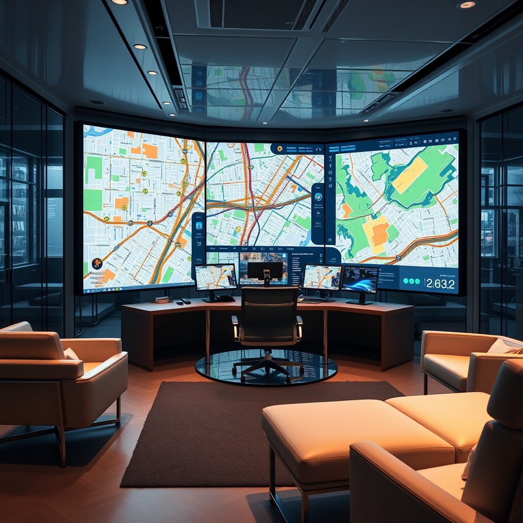 "A sleek, high-tech command center for real estate analytics featuring multiple large screens displaying vibrant, dynamic maps enriched with location data such as schools, bus stops, and residential areas. Each screen shows different layers of the city, including traffic patterns, demographic data, and real estate prices. The setting is a stylish, contemporary office with glass walls and minimalist furniture, emphasizing a future-forward, professional environment. The overall mood conveys cutting-edge technology and sophistication, tailored for a real estate professional audience."