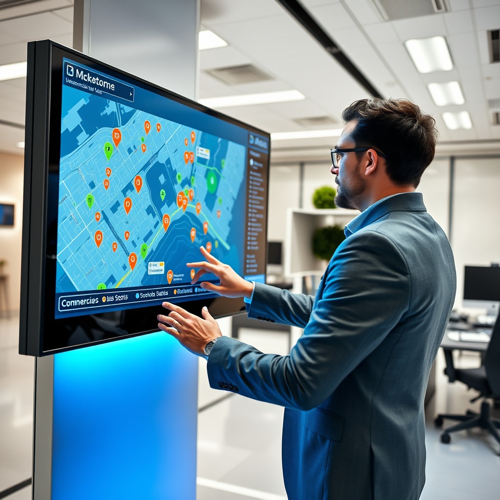 "A sleek and modern office environment featuring a large digital screen showcasing an advanced real estate analytics platform. The screen displays a dynamic map enriched with location data, pointing out various real estate properties, schools, bus stops, and commercial areas in vibrant colors. A real estate professional, dressed in smart casual attire, is interacting with the platform, examining data points through a futuristic touchscreen interface. The office setting is bright and filled with high-tech gadgets, emphasizing a futuristic and progressive approach to real estate development."