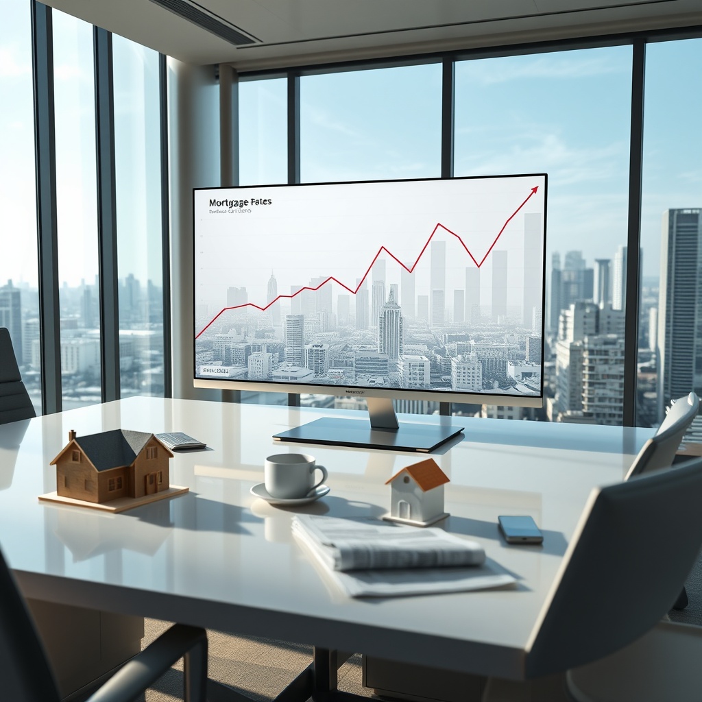 "A clean and professional image depicting a financial analyst's desk during a meeting. The scene shows a large monitor displaying a dynamic graph of fluctuating mortgage rates overlaid with a semi-transparent map highlighting diverse real estate trends across an urban landscape. The desk is neatly arranged with architectural models of houses, a coffee cup, and some financial newspapers. The office environment is sleek, with large windows showcasing a city skyline, conveying a sense of market insight and seriousness pertinent to real estate professionals and investors."