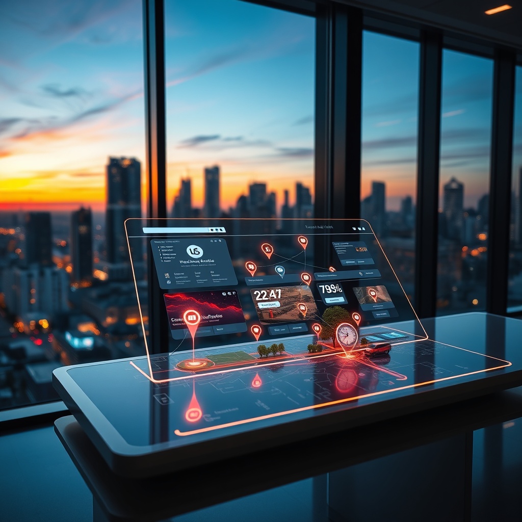"A vibrant and futuristic cityscape at dusk, seen through a large office window. In the foreground, a sleek, ultra-modern desk hosts an interactive transparent screen displaying a dynamic real estate portal. The screen visually emphasizes enriched location data, with glowing icons and lines connecting points of interest like schools, bus stops, and properties for sale. The scene conveys a sense of innovation and forward-thinking, tailored to appeal to real estate developers and professionals looking for next-generation tools in property markets."