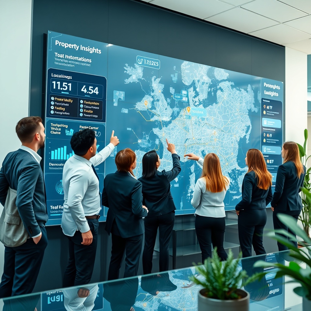 "A crisp and modern tech-focused real estate office environment, featuring a large digital interactive map on a wall, dynamically displaying various property insights like demographic data, transportation links, and local amenities. In the foreground, a diverse group of real estate professionals, dressed smartly, are engaged in analyzing the data, pointing, and discussing strategic locations on the map. The office is sleek with glass surfaces and subtle greenery, embodying a blend of technology and comfort."