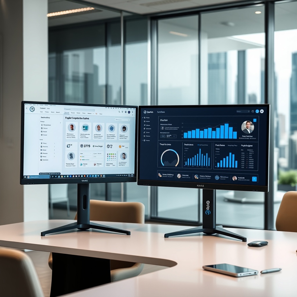 "A sleek and modern workspace showcasing a dual-monitor setup, one screen displaying a sophisticated real estate software interface. The software features tabs and widgets for regulatory compliance updates, client management, and property analytics. The background depicts a serene office environment with minimalist furniture, emphasizing efficiency and innovation. The office is subtly accented with elements like a glass wall, providing a view of a bustling cityscape, symbolizing the dynamic nature of the real estate market."