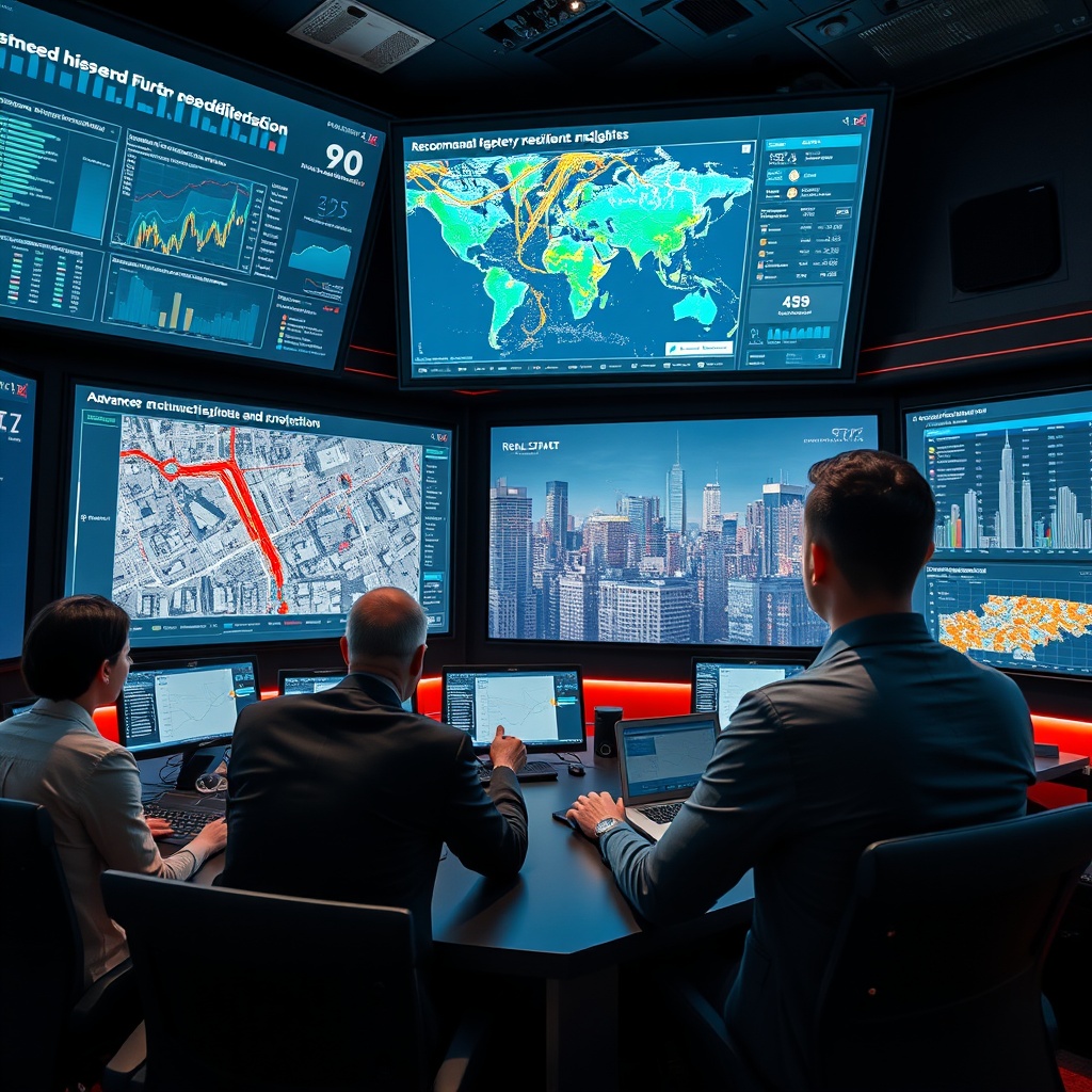 "A cutting-edge, high-tech command center focused on real estate crisis management, featuring multiple screens showing advanced data analytics and resilient recovery projections. One screen displays a dynamic map indicating areas of reconstruction and stabilization in an urban setting. Professionals are actively engaging with the interactive displays, analyzing and strategizing. The ambiance of the room is sleek and modern, emphasizing a sense of urgency and efficiency, tailored to real estate experts and strategists. The scene underscores innovation and resilience in the field of real estate, set against a backdrop of a skyline undergoing recovery."