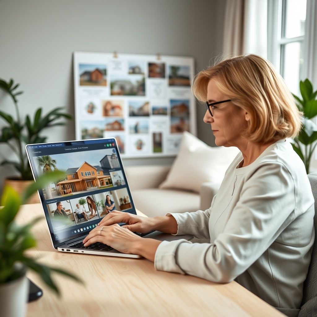 "A thoughtful and serene home office setting representing a caregiver from the sandwich generation, working diligently on a sleek, modern laptop. The computer screen displays a sophisticated real estate software, showcasing various multigenerational homes with adaptable features like wheelchair accessibility, large family rooms, and extra bathrooms. In the background, subtly blurred, there's a visible mood board with inspiring images of family-friendly and elder-care facilities. The room communicates comfort and efficacy through tasteful decor and ample natural light, tailored to convey a sense of hope and solution-oriented thinking for managing complex family needs."