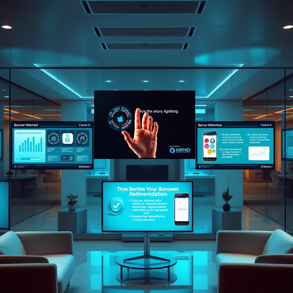 "A sleek and futuristic real estate office environment with multiple high-tech screens showcasing innovative borrower retention tools. One screen displays a dynamic, interactive interface where an anonymous hand interacts with graphical analytics about customer satisfaction rates and feedback. Another monitor shows a live demo of a mobile app that sends personalized property recommendations and appointment reminders to clients. The office features glass walls, minimalist furniture, and ambient, cool-tone lighting that emphasizes a cutting-edge, professional atmosphere."