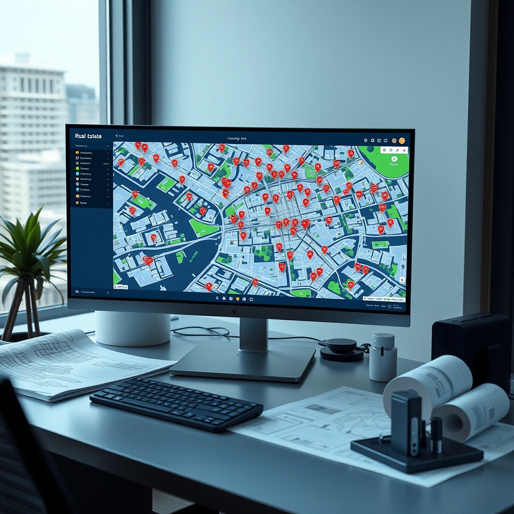 "A high-resolution, realistic image of a sleek, contemporary real estate agent's workspace. The scene should display a large, high-tech computer monitor showing a sophisticated real estate analytics platform. The screen features an interactive map densely packed with various location data points such as property markers, nearby schools, parks, and public transport hubs highlighted through vibrant icons. Around the workspace, subtly include smart devices and architectural blueprints, suggesting a blend of traditional and modern property marketing methods. The overall atmosphere should convey a sense of professionalism, forward-thinking, and efficiency, targeted towards tech-savvy real estate professionals."
