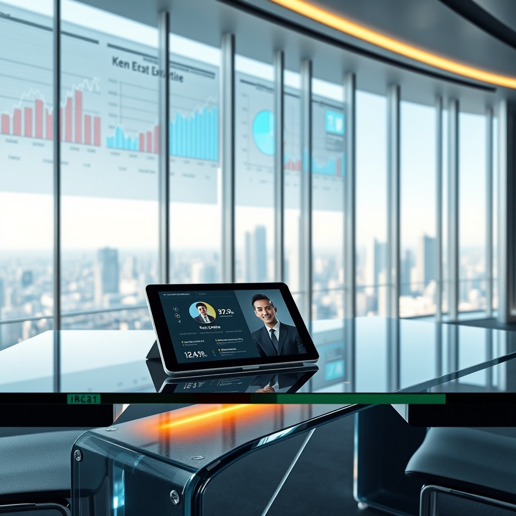 "A sleek, futuristic workspace featuring a large digital display with dynamic real estate analytics. In the foreground, a transparent glass desk holds a digital tablet displaying Ken Quantie's profile, lit subtly by ambient lights. The background shows a panoramic view of a city skyline through floor-to-ceiling windows, symbolizing growth and innovation in real estate under Ken Quantie's leadership. The setting conveys a high-tech, professional atmosphere, appealing to modern real estate investors and professionals."