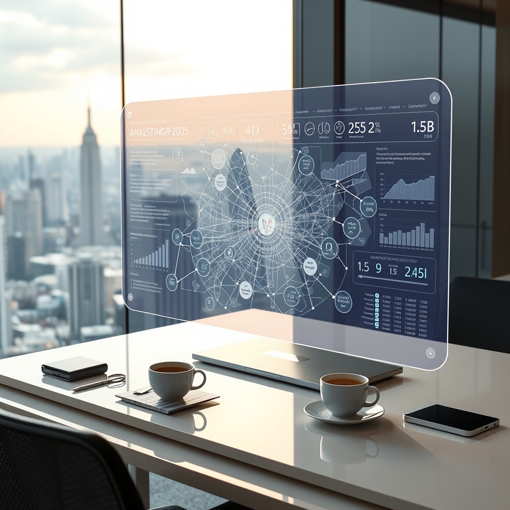 "A sleek and futuristic workspace with a large, transparent holographic display showing dynamic real estate data analytics. The display features a sophisticated visualization of a city map integrated with real-time data on property trends, demographic statistics, and growth projections. The setting includes a minimalist-style desk with high-tech gadgets, a cup of coffee, and a panoramic window overlooking a bustling urban skyline. This image evokes a sense of cutting-edge technology and exclusive market insights, tailored for real estate professionals looking towards 2025."