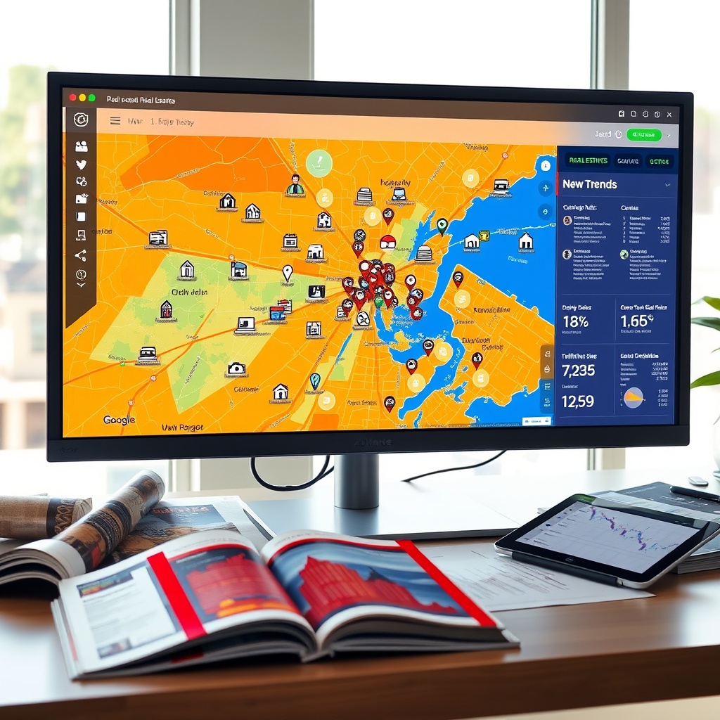 "A dynamic workspace featuring a large monitor displaying an advanced AI-driven real estate analysis tool. The screen shows a vibrant, interactive map dotted with dynamic icons representing various real estate listings, enriched data points like demographic statistics, and traffic patterns. Surrounding the monitor are open real estate magazines and a digital tablet showing market trends. The setting conveys a sophisticated, tech-oriented environment, ideally in bright, natural light to emphasize clarity and forward-thinking in real estate technology."