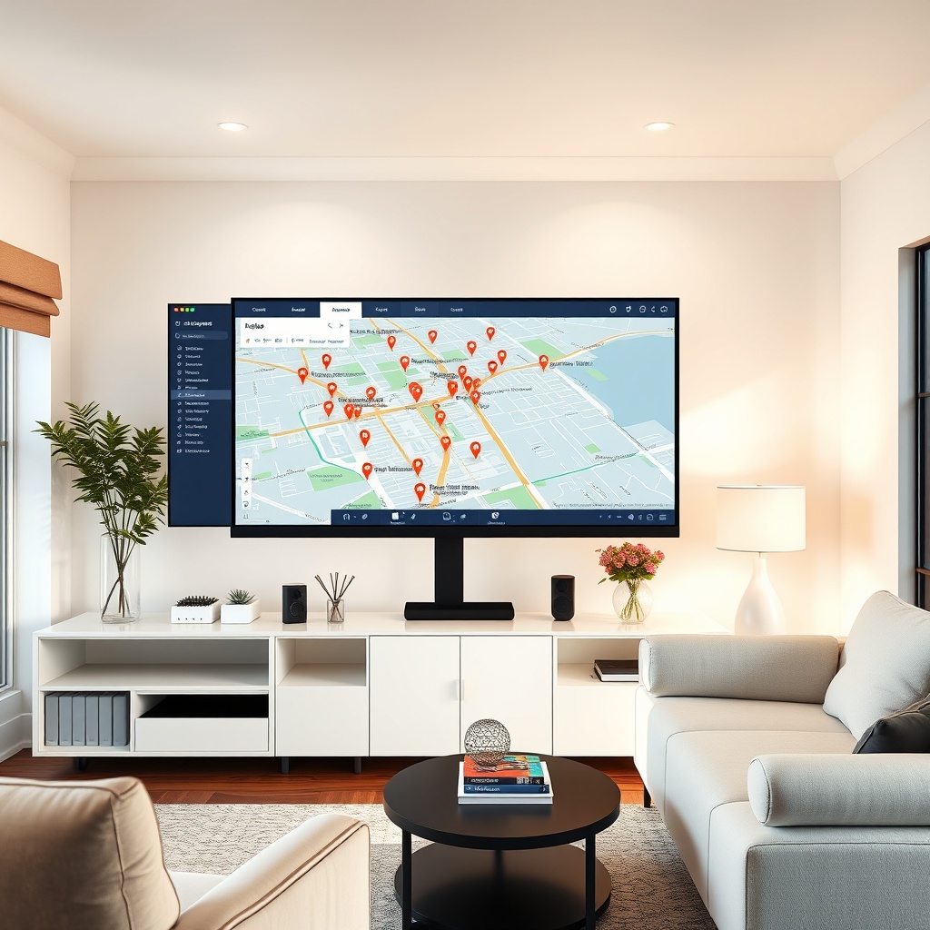 "A sleek and modern home office environment featuring a high-end, large monitor displaying an advanced real estate platform. The screen shows a dynamic map integrated with various layers of location data, including vibrant icons denoting schools, bus stops, and property borders in different colors. The backdrop is a well-lit room with minimalist furniture and decorative elements that convey a sense of innovation and cutting-edge technology in real estate. The overall ambiance reflects a professional yet inviting space, suited to appeal to real estate professionals looking to leverage technology for market growth."