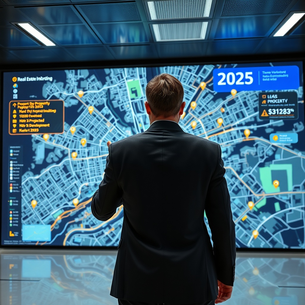 "A sleek, high-tech workspace featuring a massive digital screen displaying an interactive and detailed city map. The map is enriched with various data points like property value increases, demographic trends, and icons representing new developments projected for 2025. The foreground shows a real estate professional, depicted from behind, interacting with the map through a futuristic touch interface. This scene conveys a sense of advanced technology and strategic planning, appealing to forward-thinking real estate investors and developers."